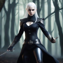 A female elf with white hair and very pale skin, wearing a fitted black suit with long pants and boots, is in an attack position and holding two daggers, one silver and one black