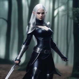 A female elf with white hair and very pale skin, wearing a fitted black suit with long pants and boots, is in an attack position and holding two daggers, one silver and one black