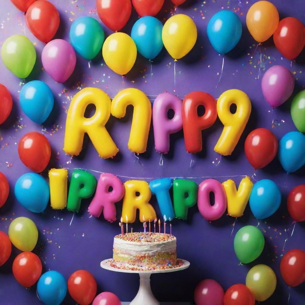 A vibrant and festive birthday poster, brimming with celebratory items like balloons, confetti, a birthday cake with lit candles, and the words 'Happy Birthday' in playful, colorful font.