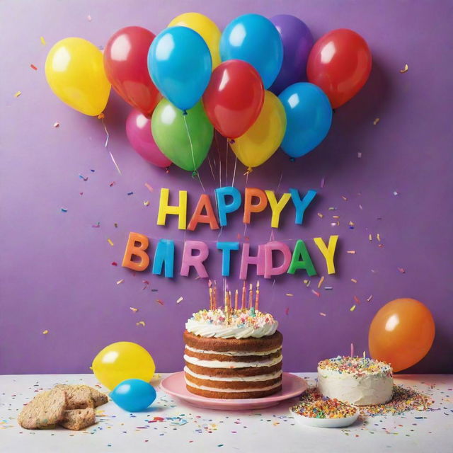 A vibrant and festive birthday poster, brimming with celebratory items like balloons, confetti, a birthday cake with lit candles, and the words 'Happy Birthday' in playful, colorful font.