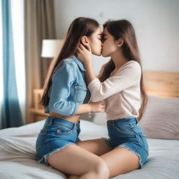 Two cute girls in love, wearing denim mini skirts, hugging and kissing each other on the lips while on a bed