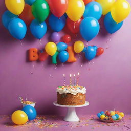 A vibrant and festive birthday poster, brimming with celebratory items like balloons, confetti, a birthday cake with lit candles, and the words 'Happy Birthday' in playful, colorful font.