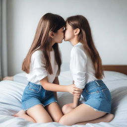 Two cute girls in love, wearing denim mini skirts, hugging and kissing each other on the lips while on a bed