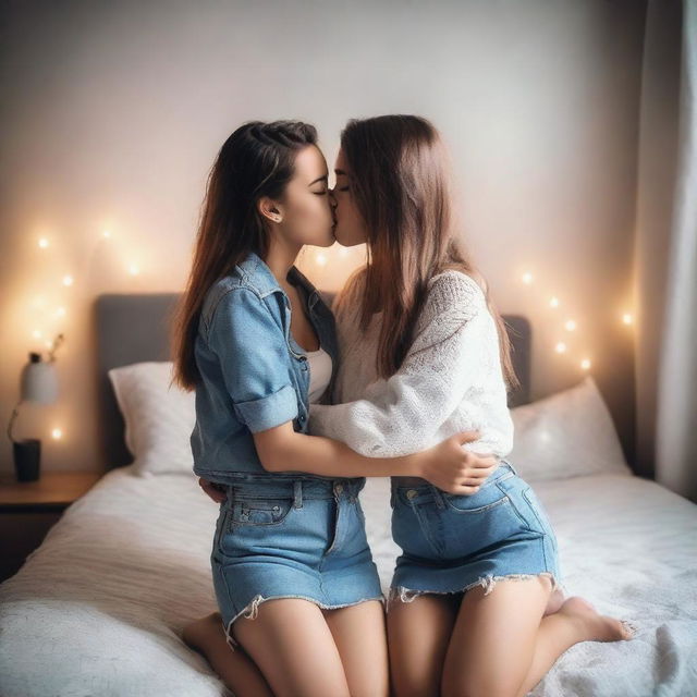 Two cute girls in love, wearing denim mini skirts, hugging and kissing each other on the lips while on a bed