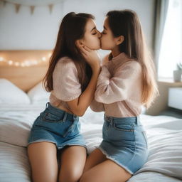 Two cute girls in love, wearing denim mini skirts, hugging and kissing each other on the lips while on a bed