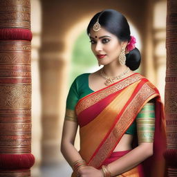 A beautiful Indian woman wearing a traditional saree, showcasing elegant and cultural attire