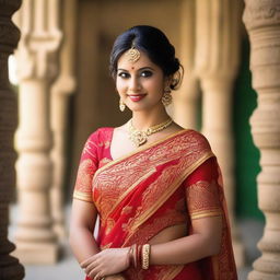 A beautiful Indian woman wearing a traditional saree, showcasing elegant and cultural attire