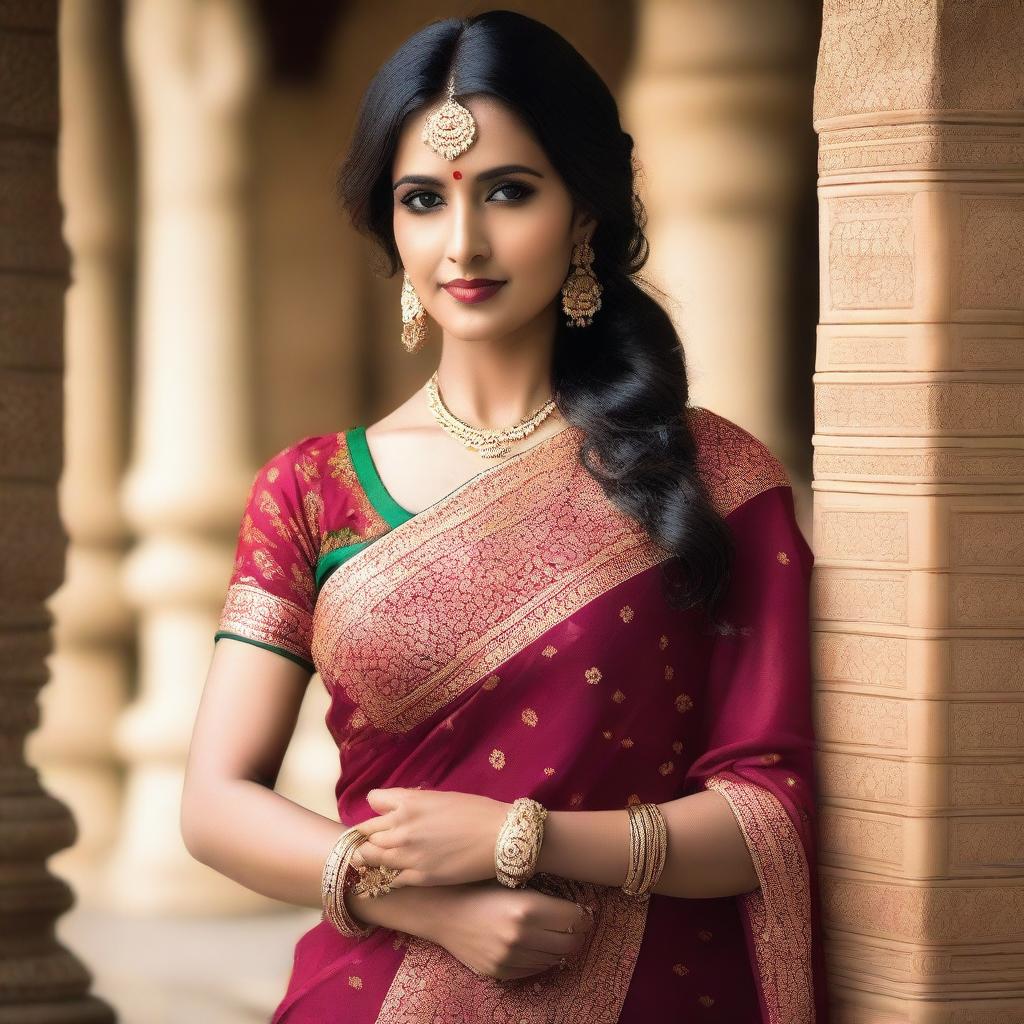 A beautiful Indian woman in a traditional saree, posing gracefully