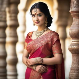 A beautiful Indian woman in a traditional saree, posing gracefully