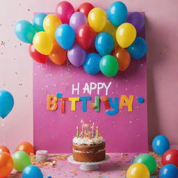 A vibrant and festive birthday poster, brimming with celebratory items like balloons, confetti, a birthday cake with lit candles, and the words 'Happy Birthday' in playful, colorful font.