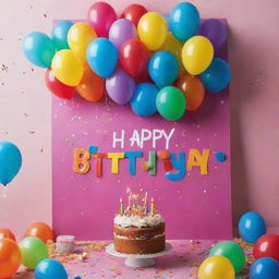 A vibrant and festive birthday poster, brimming with celebratory items like balloons, confetti, a birthday cake with lit candles, and the words 'Happy Birthday' in playful, colorful font.