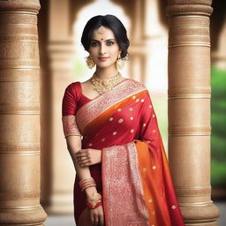 A beautiful Indian woman in a traditional saree, posing gracefully