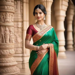 An elegant Indian woman wearing a traditional saree, showcasing the beauty and cultural richness of the attire