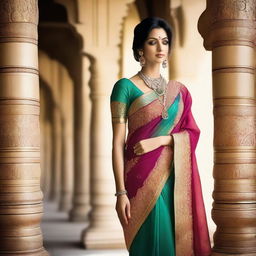 An elegant Indian woman wearing a traditional saree, showcasing the beauty and cultural richness of the attire