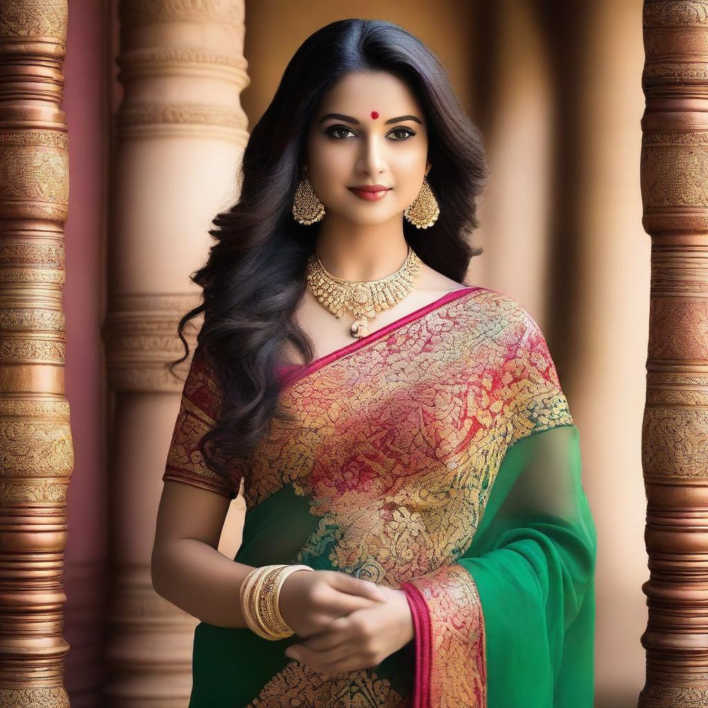 An elegant Indian woman wearing a traditional saree, showcasing the beauty and cultural richness of the attire