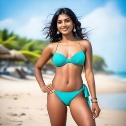 A confident Indian woman wearing a stylish bikini, posing at a beautiful beach