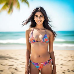 A confident Indian woman wearing a stylish bikini, posing at a beautiful beach