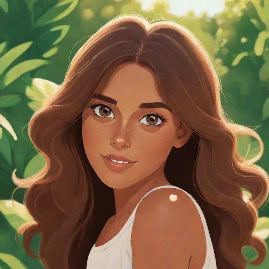 A cartoon styled portrait of a girl with expressive eyes, tanned complexion, and flowing brunette hair in a sunlit garden.