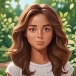 A cartoon styled portrait of a girl with expressive eyes, tanned complexion, and flowing brunette hair in a sunlit garden.