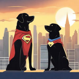 Two superhero dogs, one being a golden retriever named Pip and the other a black lab named Luna, standing in a heroic pose on top of a building