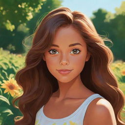 A cartoon styled portrait of a girl with expressive eyes, tanned complexion, and flowing brunette hair in a sunlit garden.