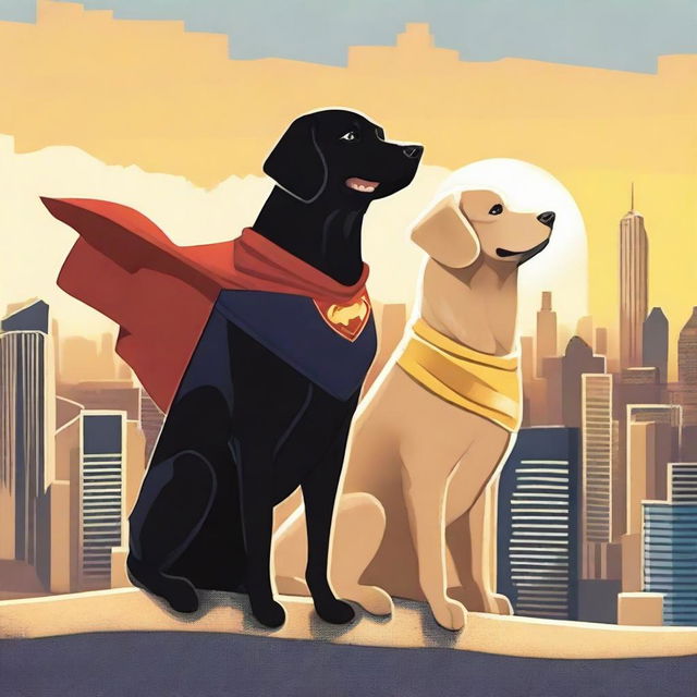 Two superhero dogs, one being a golden retriever named Pip and the other a black lab named Luna, standing in a heroic pose on top of a building