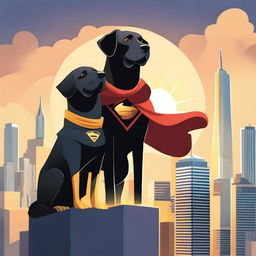 Two superhero dogs, one being a golden retriever named Pip and the other a black lab named Luna, standing in a heroic pose on top of a building