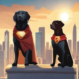 Two superhero dogs, one being a golden retriever named Pip and the other a black lab named Luna, standing in a heroic pose on top of a building