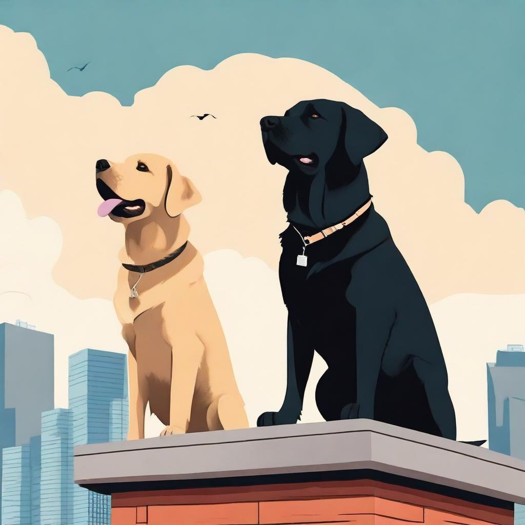 Two dogs, one a golden retriever named Pip and the other a black lab named Luna, stand heroically on top of a building