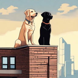 Two dogs, one a golden retriever named Pip and the other a black lab named Luna, stand heroically on top of a building