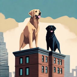 Two dogs, one a golden retriever named Pip and the other a black lab named Luna, stand heroically on top of a building