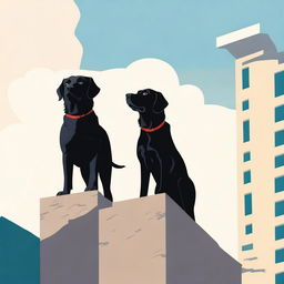 Two dogs, one a golden retriever named Pip and the other a black lab named Luna, stand heroically on top of a building