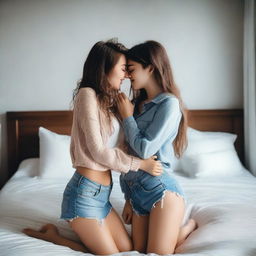 Two cute bottomless girls in love, wearing denim mini skirts and unbuttoned open shirts, hugging and kissing, lips to lips, on a bed