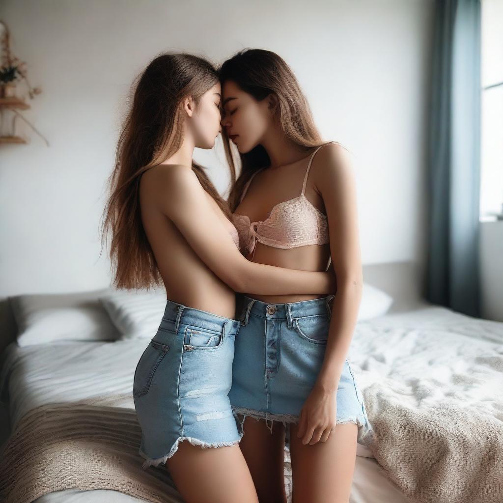 Two cute bottomless girls in love, wearing denim mini skirts and unbuttoned open shirts, hugging and kissing, lips to lips, on a bed