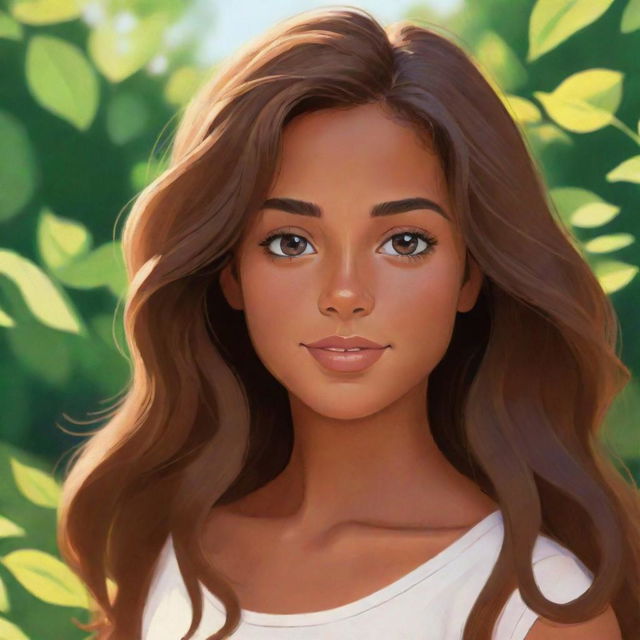 A cartoon styled portrait of a girl with expressive eyes, tanned complexion, and flowing brunette hair in a sunlit garden.