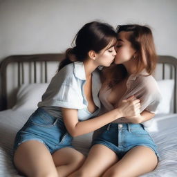 Two cute bottomless girls in love, wearing denim mini skirts and unbuttoned open shirts, hugging and kissing, lips to lips, on a bed