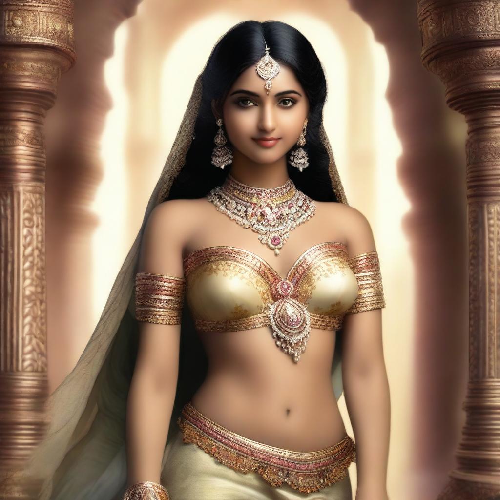 A beautiful Indian heavenly maiden with traditional attire, adorned with intricate jewelry and a serene expression