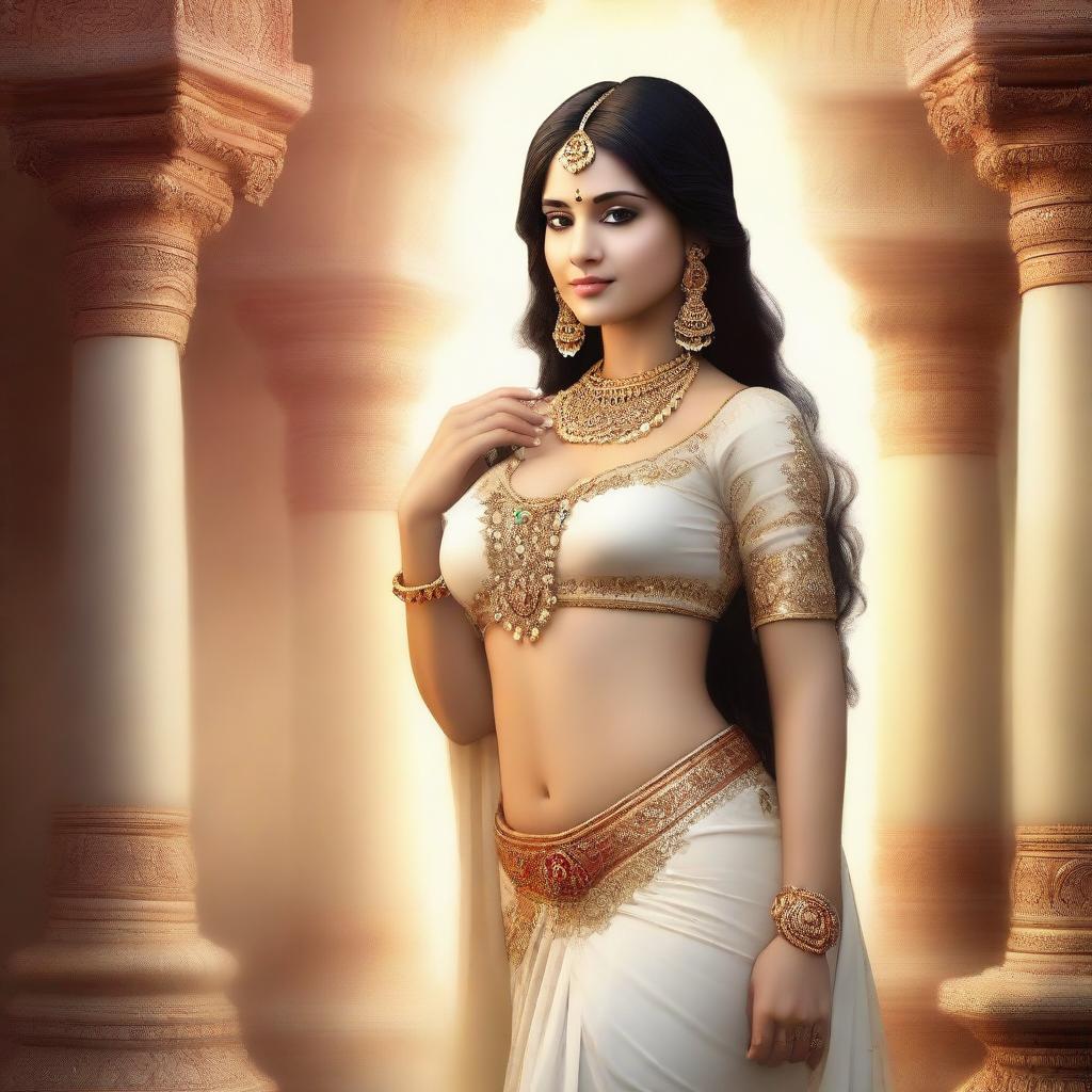 A beautiful Indian heavenly maiden with traditional attire, adorned with intricate jewelry and a serene expression