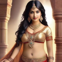 A beautiful Indian heavenly maiden with traditional attire, adorned with intricate jewelry and a serene expression