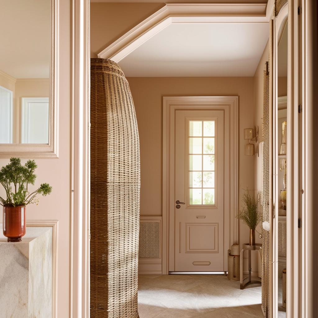 A luxurious, small entrance hall with classic stylings and modern touches, featuring a large L-shaped rattan closet. The color scheme radiates with hues of beige and pistachio, a mirror, and a fancy entrance door cap off the sophisticated design.