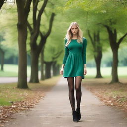 A petite Swedish woman, approximately 18 years old, with long legs, wearing an ocean green very short dress with black pantyhose and boots, walking in a park