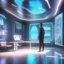 A futuristic scene showcasing innovative technology, with advanced gadgets, holographic displays, and sleek, modern designs