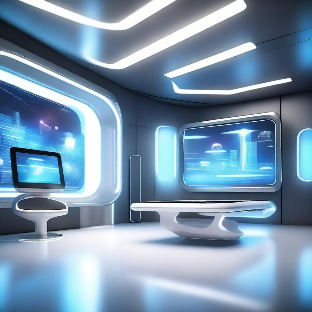 A futuristic scene showcasing innovative technology, with advanced gadgets, holographic displays, and sleek, modern designs