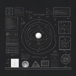 An artistic representation of various physics concepts, including a blackboard with equations, atoms, and a depiction of gravity