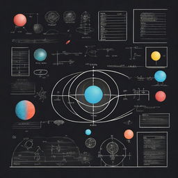 An artistic representation of various physics concepts, including a blackboard with equations, atoms, and a depiction of gravity