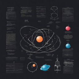 An artistic representation of various physics concepts, including a blackboard with equations, atoms, and a depiction of gravity