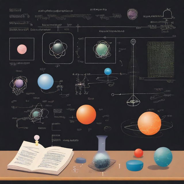 An artistic representation of various physics concepts, including a blackboard with equations, atoms, and a depiction of gravity