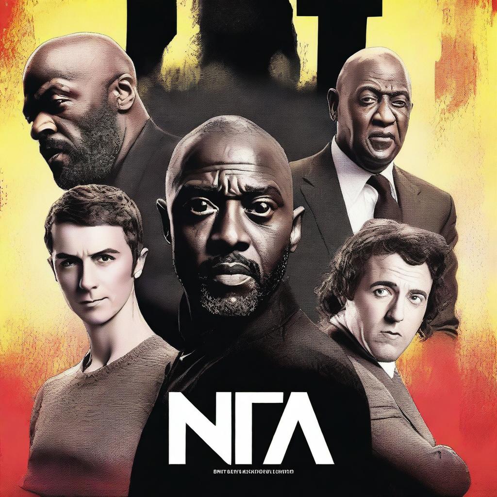 Create a movie poster for a fictional film titled 'NBIT!' featuring Idris Elba, Jason Statham in a wig, Timothée Chalamet, and James Corden