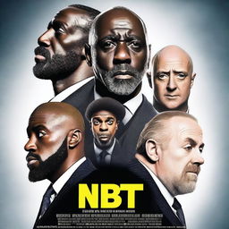 Create a movie poster for a fictional film titled 'NBIT!' featuring Idris Elba, Jason Statham in a wig, Timothée Chalamet, and James Corden