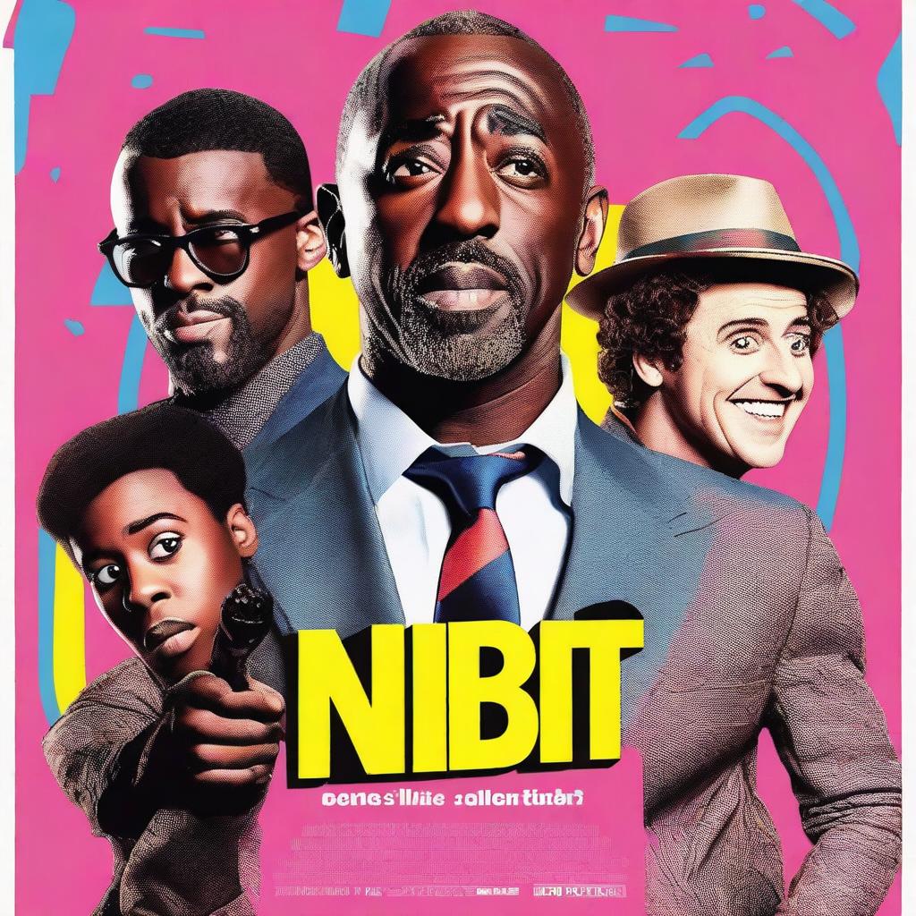 Create a movie poster for a geeky action film titled 'NBIT!' starring Idris Elba, Jason Statham in a wig, Timothée Chalamet, and James Corden